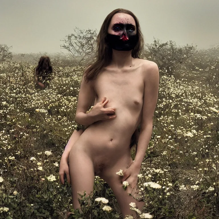 Image similar to The full body shot of beautiful pale woman with many flowers on her skin and full-face black mask with glowing halo, a thick black smoke in rocky desert landscape, glowing eyes, falling star on the background, burning earth by Christopher Doyle, Gaspar Noe, Alejandro Jodorowsky, anamorphic lens, cinematic composition, award winning photo, 8k