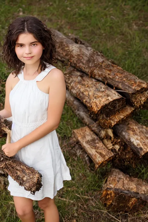 Image similar to a middle-school girl with unkempt wavy short brown hair wearing a white dress and holding a bundle of firewood, high resolution film still, 8k, HDR color, short hair, round face, dimples, beautiful gazing eyes