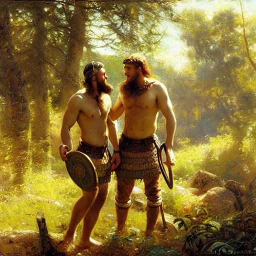 Image similar to 2 attractive male vikings frolicking in the forest. highly detailed painting by gaston bussiere, craig mullins, j. c. leyendecker, 8 k