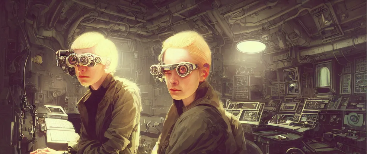 Prompt: portrait of stoic heroic emotionless butch blond woman engineer, awkward and anxious, victorian goggles, wearing ppes, control room of the nostromo - volumetric lighting - art, by wlop, james jean, victo ngai! muted colors, very detailed, art fantasy by craig mullins, thomas kinkade cfg _ scale 8