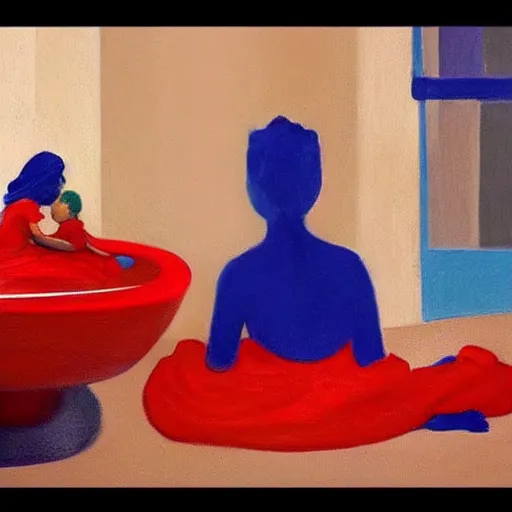 Image similar to A beautiful painting harmony of colors, simple but powerful composition. A scene of peaceful domesticity, with a mother and child in the center, surrounded by a few simple objects. Colors are muted and calming, serenity and calm. deep red, charming, YouTube by Yves Klein vfx, control the soul