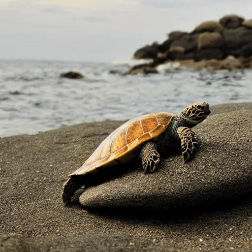 Image similar to a turtle on a rock looking at the sea, macro 8mm photo, the camera is behind the turtle