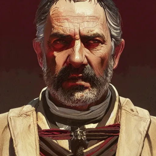 Prompt: large tan older - aged priest with dark hair in red dead redemption 2, gorgeous, beautiful, intricate, highly detailed, digital painting, artstation, oppressive lighting, concept art, sharp focus, illustration, art by greg rutkowski and alphonse mucha