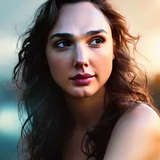 Image similar to photo of the beauty gal gadot, she is posing while maintain a sweet eye contact to the camera, she has a crown of flowers, the photo was taken at sunset with a bokeh effect, photo by edward steichen, photorealistic, matte painting, hyper realistic, 4 k, 8 k, cinematic composition, hd, highly detailed, trending on artstation