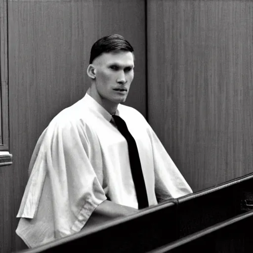 Image similar to jerma 9 8 5, still image of jerma 9 8 5 on trial, courtroom photo, courtroom interior background,