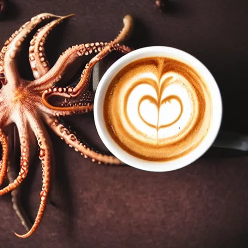 Prompt: an octopus in a cup of coffee, professional photography