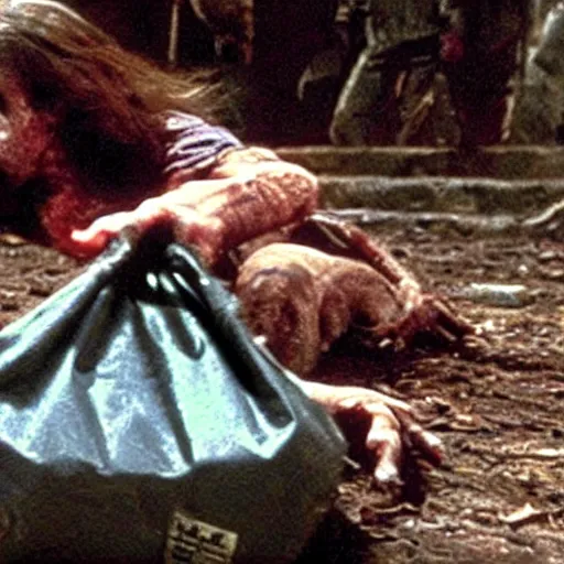 Prompt: screenshot from James Cameron film shows a zombie vampire bat crawling out of a biohazard bag.