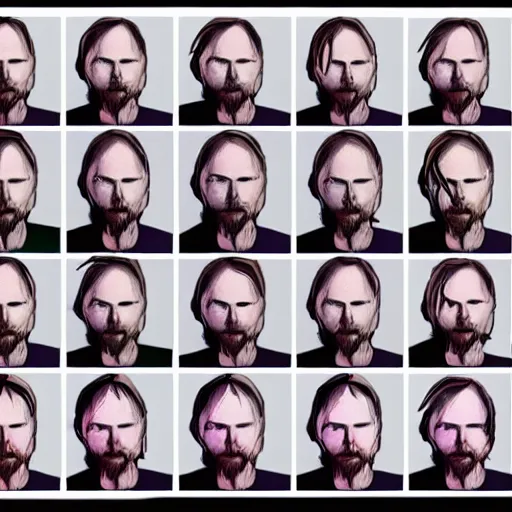 Image similar to versions sprite sheet of variations, hyper realistic, many variations of thom yorke, face variations, various emotions, various poses, high quality, brush stroke, intricate details, beautiful lighting