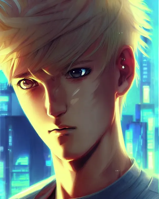 Image similar to portrait Anime Blonde Guy Short Hair Sharp fine face, pretty face, realistic shaded Perfect face, fine details. Anime. cyberpunk realistic shaded lighting by katsuhiro otomo ghost-in-the-shell, magali villeneuve, artgerm, rutkowski Jeremy Lipkin and Giuseppe Dangelico Pino and Michael Garmash and Rob Rey