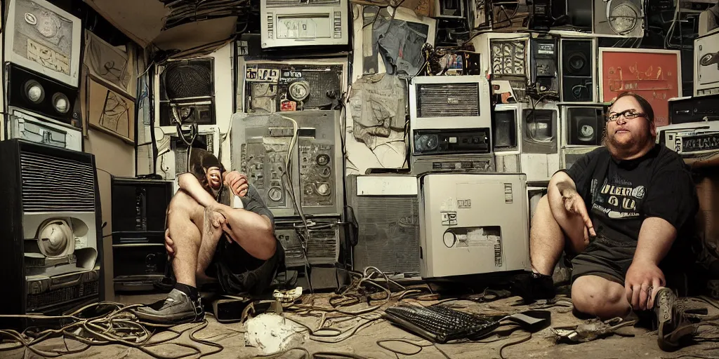Image similar to typical cryptocurrency nerd, sitting in front of old 9 0's computer, shilling, crt tubes, cables everywhere, damp basement decay, bitcoin poster in background, fat and dirty, scruffy looking, claustrophobia, humidity mold, award - winning photomanipulation