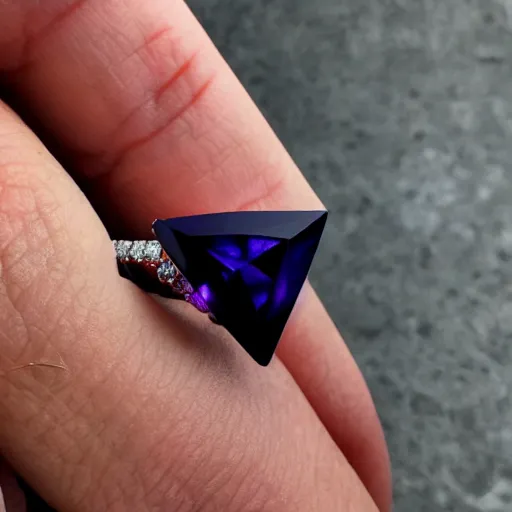 Image similar to a beautiful engagement ring, triangle purple gemstone, made out of shiny silver, high quality, photo realistic, detailed, 8k