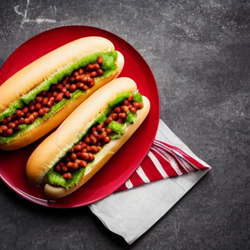 Image similar to promotional photo of a delicious hot dog with broccoli, mustard, ketchup and baked beans, detailed, uhd, 8k, award winning,