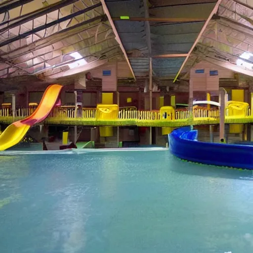 Prompt: dark, empty indoor children's water park with slides and other water features, night time, no lights, liminal space