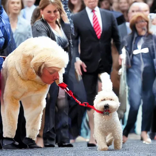 Prompt: trumps wife leashed by a dog