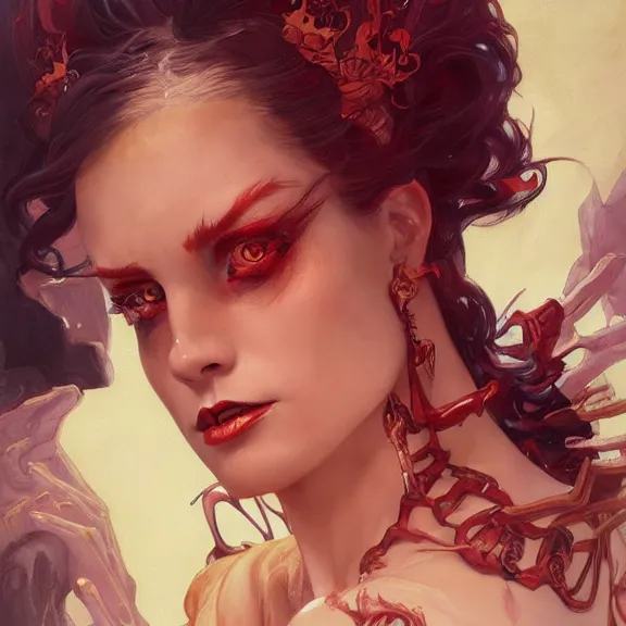 Image similar to excellent painted portrait of a elegant demon lady queen of hell, high quality painting with detailed face, 4k, trending on artstation, octane render, art by artgerm and greg rutkowski and alphonse mucha and craig mullins and James Jean and Andrei Riabovitchev and Marc Simonetti and peter mohrbacher