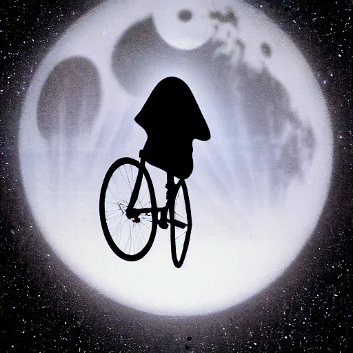 Prompt: e. t. bike moon silhouette, from the movie e. t. the extra terrestrial, cinematic frame, hd