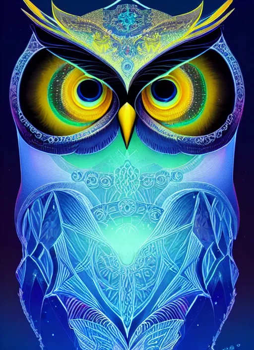 Image similar to symmetry!! product render poster vivid colors divine proportion owl, ice and snow, glowing fog intricate, elegant, highly detailed, digital painting, artstation, concept art, smooth, sharp focus, illustration,