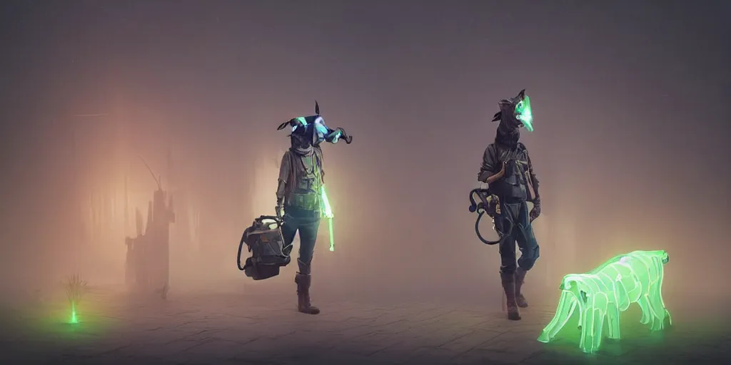 Image similar to a beautifully strange image of a gamekeeper wearing a dieselpunk mechanical fluorescent mystical animal mask. walking in the misty, dangerous river. in style of fornite game. award winning. dramatic. trending on artstation. high quality. rendered by beeple, by makoto shinkai, syd meade, digital art, unreal engine 5, fornite game. octane render