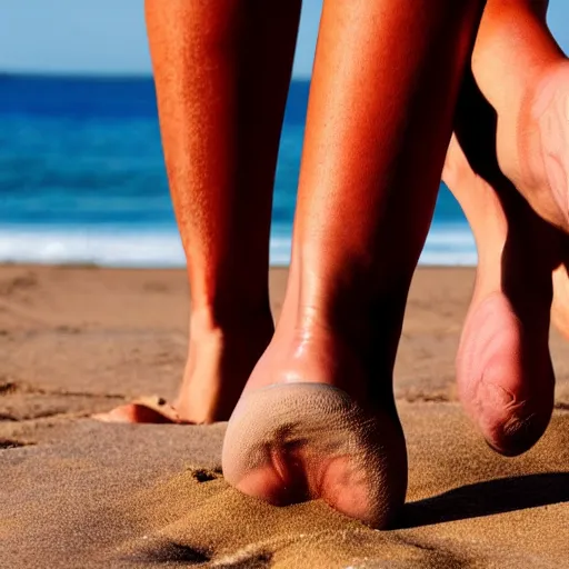 Prompt: a closeup of a gigantic swollen foot on a beach, while far in the background five peoples dance on the beach