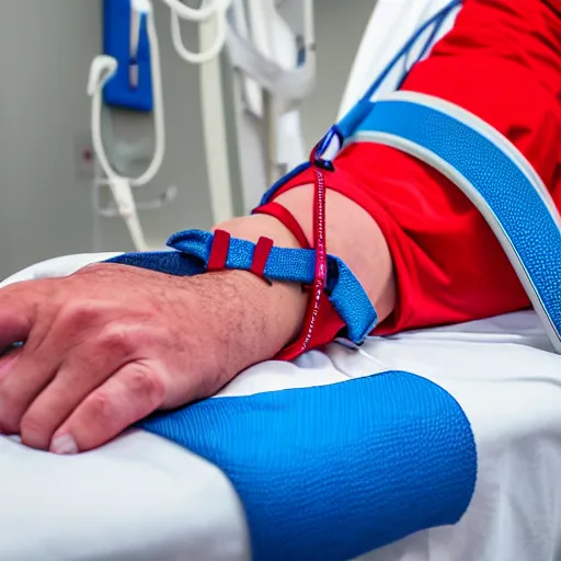 Image similar to crazy clown strapped in hospital bed with wrist restraints on, restraints have fabric straps attached to hospital bed, photograph, 8 k