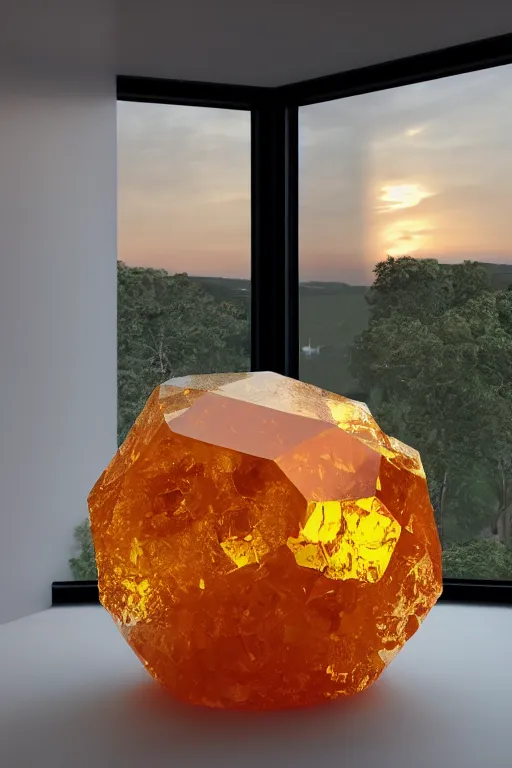 Prompt: a giant cubic orange and yellow crystal on a white table near a window at sunset, hyperrealistic, highly detailed, high qualit, 8K, godrays, warm lighting, path traced, high coherence, calm, macro photo, symmetrical, photorealistic, low contrast, serene landscape, beautiful, geometric