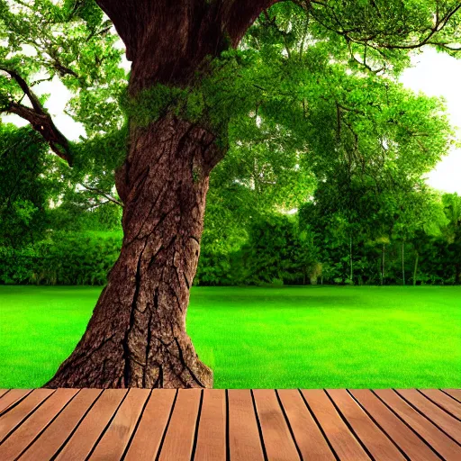 Image similar to square wooden platform built around a tree, realistic, photo,