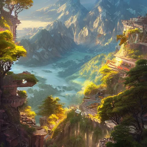 Prompt: a birds eye view overlooking an ancient fantasy city surrounded by mountains and trees of greens and browns, rivers and lakes by Jordan Grimmer, Asher Brown Durand and Ryan Dening, 8k, artstation, beautiful color pallette