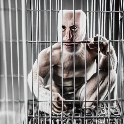 Prompt: bald white man wearing a monkey suit inside a cage. 5 0 mm f 5. 7