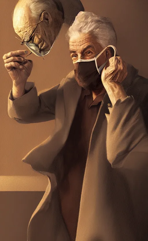 Prompt: old man doing with mask, do what we can, then leave it to god, non fiction, baroque, confidently, consistency, stability, cohesion, elegantl, highly detailed, 8 k uhd, digital painting, artstation, concept art, matte, sharp focus, illustration, art by artgerm and paul lung and samuel silva