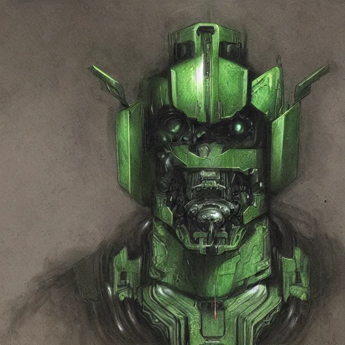 Prompt: portrait of a green Optimus Prime from Transformers, clockwork dieselpunk, head and chest only, by Beksinski, 4k, deviantart, trending on artstation