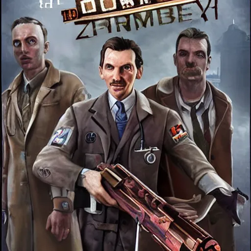 Prompt: Doctor Edward Richtofen, primis, COD Zombies game, holding the Porters X 2 Ray Gun, game poster