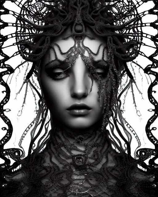 Image similar to surreal mythical dreamy artistic black and white fine art photo of a beautiful young female queen - medusa - cyborg covered with lace fish scales and translucent algae, highly detailed, intricate crystal ivy lace jelly fish scales ornate, poetic, octane render, 8 k, photo - realistic