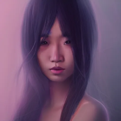 Prompt: a thin, pretty young Filipino woman with long hair floats in a dreamy world in the distance, her face is shaded, very beautiful, inspiring, dramatic lighting, abstract digital art, trending on artstation