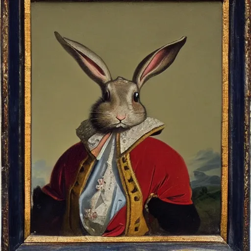 Image similar to a rabbit dressed as a queen wearing a crown, 18th century oil painting