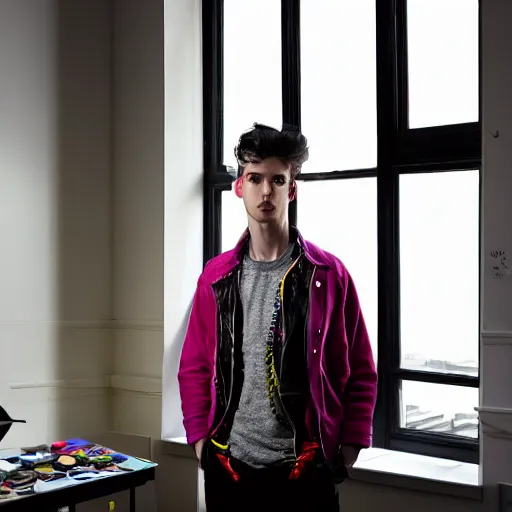 Image similar to un ultra high definition fashion editorial photographic portrait of a young man standing in their unique london art studio wearing all eclectic clothes watching the sun rising through large window. wide angle. three point light. extremely detailed. golden hour, golden ratio, ray tracing, volumetric light, shallow depth of field.