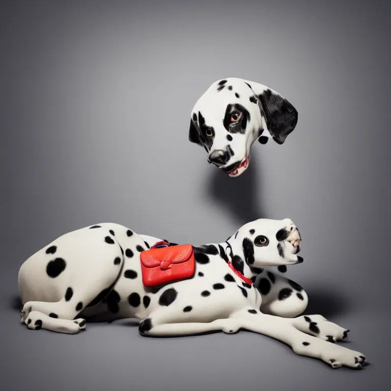Image similar to vogue photoshoot octane render of 1 0 1 dalmatian with white background, focus bright colorful pastel exotic vintage boutique hotel lounge, very short depth of field, bokeh