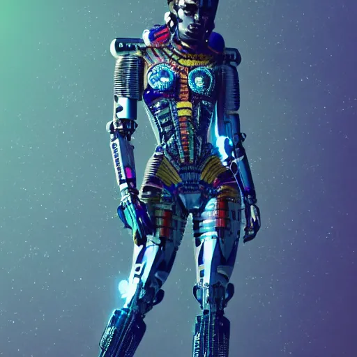 Prompt: full body portrait of the muscular Mayan Android Queen, by DC comics and Sandra Chevrier and beeple, artstation, volumetric lighting and fog, hyperrealism, hyper detailed futuristic royalty, award winning costume design, cybernetic bionic ancient cyborg, fashion show runway, futuristic fine textures, woven with electricity, high fashion superpowers, floating dust particles, bokeh, mystic haze, 4k UHD, HDR