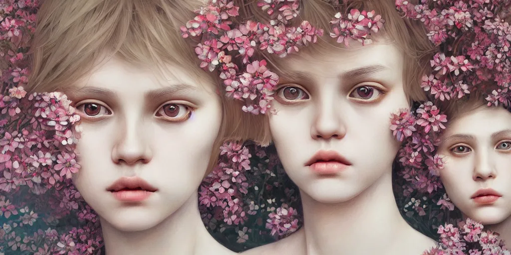 Prompt: breathtaking detailed concept art painting pattern of blonde short hair faces weird girls with anxious piercing eyes and blend of flowers, by hsiao - ron cheng, bizarre compositions, exquisite detail, extremely moody lighting, 8 k