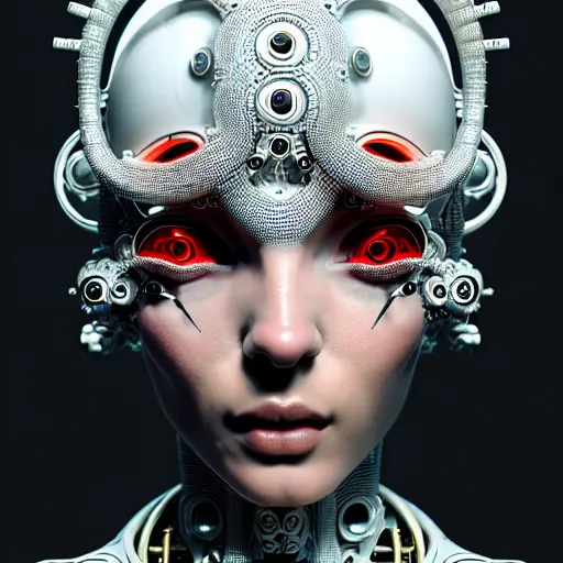 Image similar to portrait of an absurdly beautiful, graceful, sophisticated, fashionable cyberpunk mechanoid, hyperdetailed illustration by irakli nadar and alexandre ferra, intricate linework, white porcelain skin, faberge, coral headdress, unreal engine 5 highly rendered, global illumination, radiant light, detailed and intricate environment