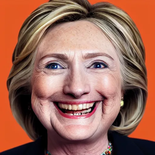 Image similar to portrait of president hillary clinton as a smiling laughing bright orange lizard person with bumpy skin, airbrush painting, hyper detailed, 8 k, photorealism, rule of thirds, glitter.