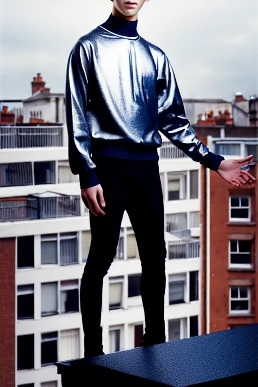 Image similar to un ultra high definition studio quality photographic art portrait of a young man standing on the rooftop of a british apartment building wearing soft padded silver pearlescent clothing. three point light. extremely detailed. golden ratio, ray tracing, volumetric light, shallow depth of field. set dressed.