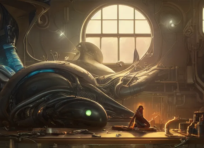 Image similar to alien space cat sleeping on a mechanics workbench in a spaceport with their android owner repairing a ship in the background in a space opera ghibli animated film, volumetric lighting, octane render by stanley artgerm lau, greg rutkowski, thomas kindkade, alphonse mucha, loish, norman rockwel, highly detailed