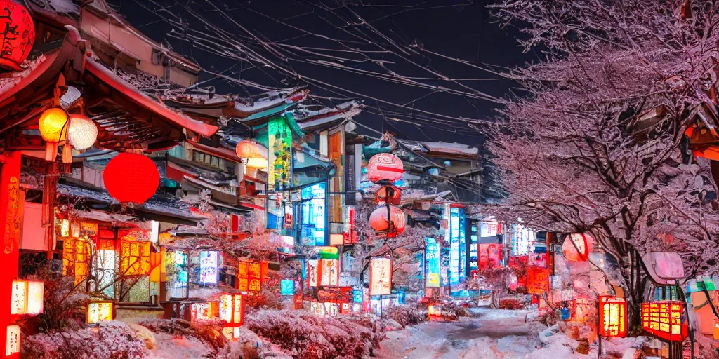 Image similar to a Japanese cyberpunk shrine, snowing, photograph,sharp focus, intricate detail, high resolution, 8k, neon streetlights, wires hanging down everywhere, Japan, colourful,,