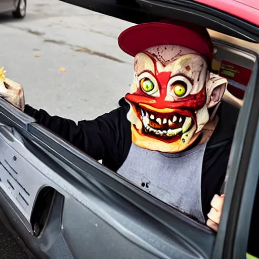 Image similar to creepy goblin handing out food at the mcdonald's drive through, photograph