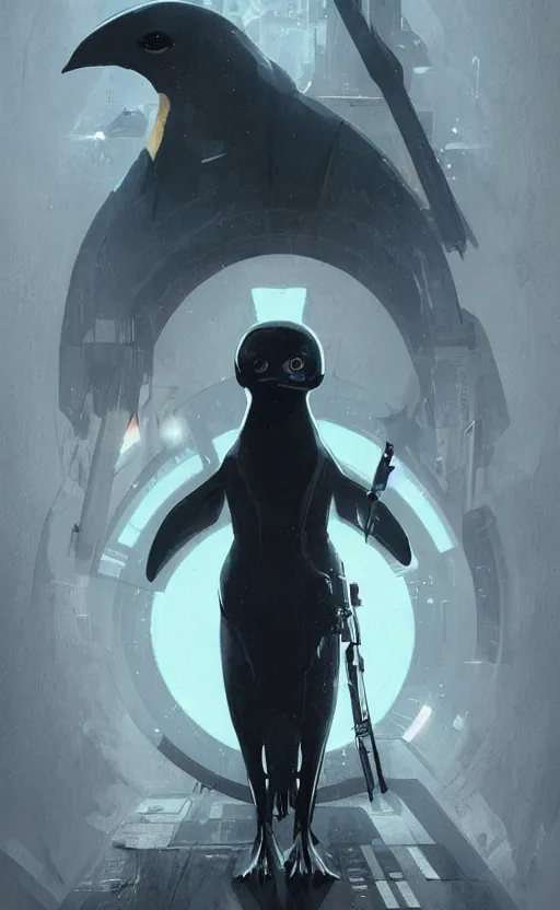 Image similar to award winner movie poster, dark cybernetic - penguin, cinematic light, trending on artstation, concept art by greg rutkowski