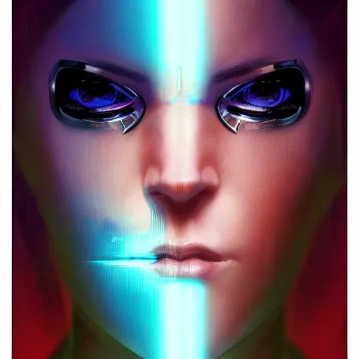 Image similar to Cyberpunk woman with eye implants, portrait shot, illustration, poster art by Drew Struzan