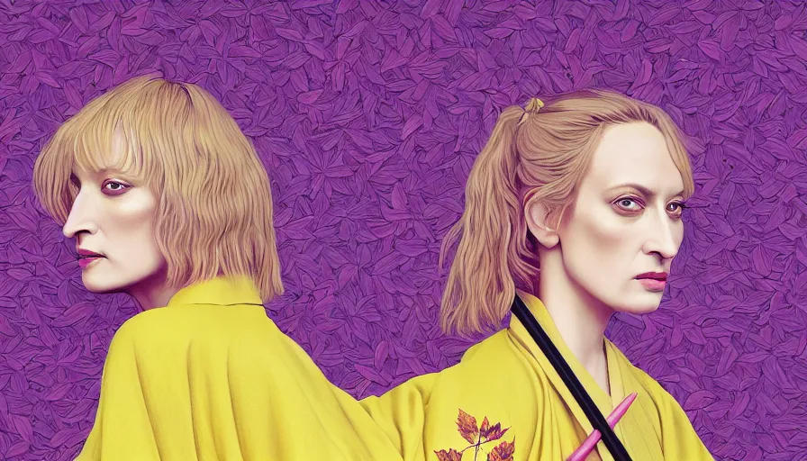 Image similar to breathtaking detailed pattern pastel colors of uma thurman ( kill bill ) in yellow kimono, with katana sword and autumn leaves, by hsiao - ron cheng, bizarre compositions, exquisite detail, enhanced eye detail