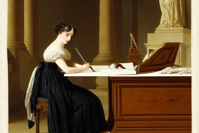 Image similar to 1 8 1 0 s lady writing at her desk in formless dress by vittorio reggianini, georgian dress, directoire style, regency, empire silhouette, bright lighting, perfectly detailed eyes, beautiful hands, pale skin, clear face