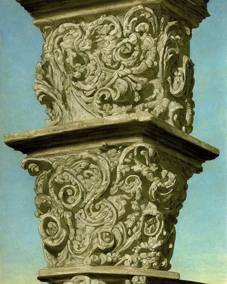 Prompt: achingly beautiful painting of intricate ancient roman corinthian capital on jade background by rene magritte, monet, and turner. giovanni battista piranesi.