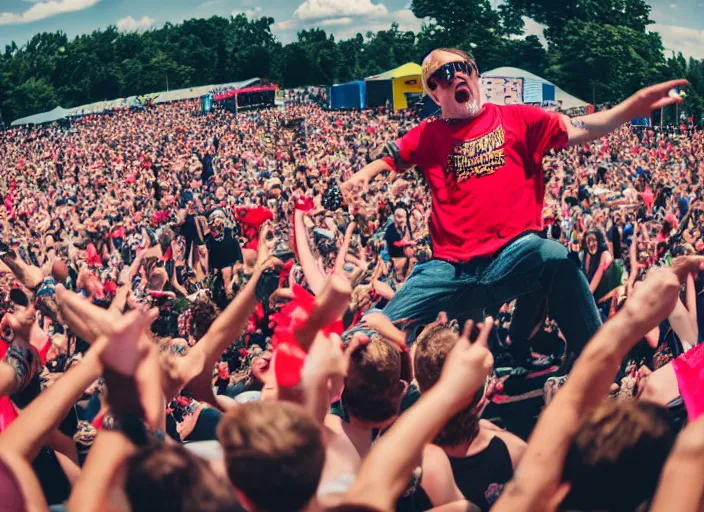 Image similar to photo still of gallagher at vans warped tour!!!!!!!! at age 4 5 years old 4 5 years of age!!!!!!! throwing watermelons at a crowd, 8 k, 8 5 mm f 1. 8, studio lighting, rim light, right side key light